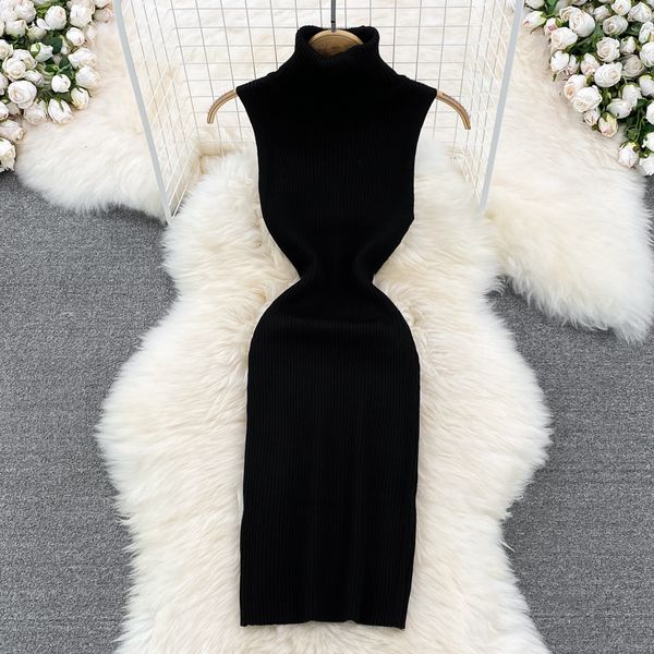 

casual dresses sleeveless turtleneck elegant bodycon dress slim party club vesditod vintage sweater dress korean fashion women knitwear clot, Black;gray