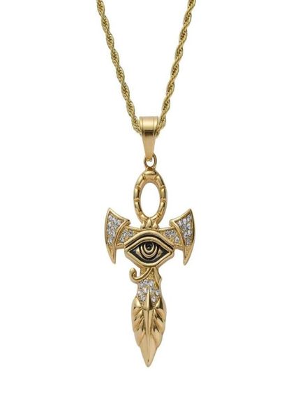 

hip hop horus eye pendant necklaces for men women luxury ankh cross pendant stainless steel gold hrus egyptian style necklace jewe6933976, Silver