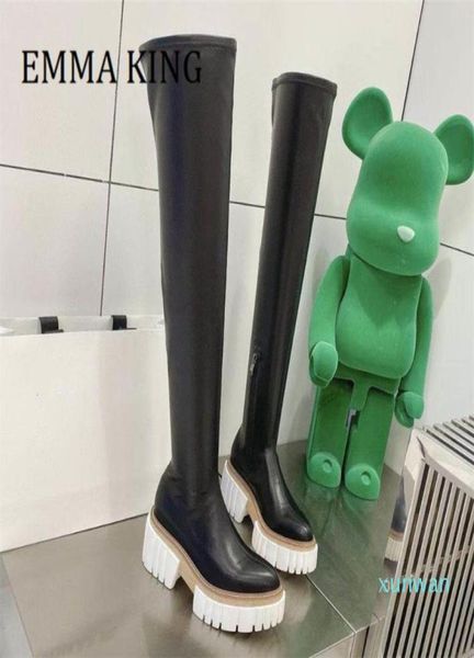

boots women chunky platform thighhigh faux leather side zip over the knee casual riding round toe long woman4710358, Black