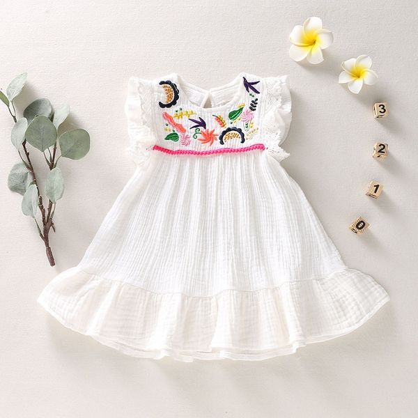 

girl's dresses infant baby girls cotton linen dresses pleated short sleeve delicate embroidery swing white dress summer leisure dress 2, Red;yellow