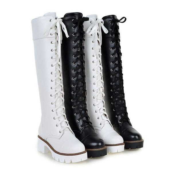 

designer women knee high boots fashion round toe 5 cm heels winter pump shoes two colors lace up lady motorcycle boot245k, Black