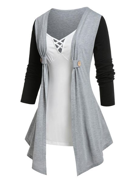 

t-shirt twofer lattice colorblock draped jersey tee crop women's blouse oversized tshirt vintage clothes, White