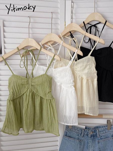 

t-shirt yitimoky halter tank for women blended summer 2022 korean fashio backless short camis crop halter casual clothing, White