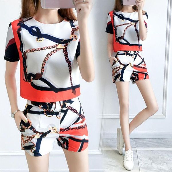 

dress summer suit women's shortsleeved shorts twopiece set 2022 new korean version fashion chain printing wideleg shorts suit, White