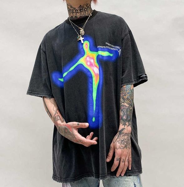 

print short abstract sleeve t-shirt men's wash make old loose round neck half hip hop fashion 5-sleeve, White;black