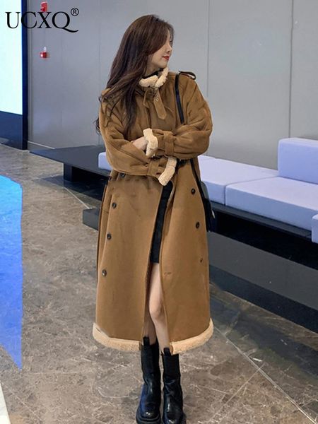 

fur ucxq vintage suede lamb wool coats women autumn winter thickened warm fur patchwork woolen overcoats streetwear long jacket tide, Black