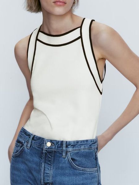

camisoles tank 2023 fashion splice sling elastic slim knitted vest vintage o neck sleeveless female waistcoat chic 230421, Black;white