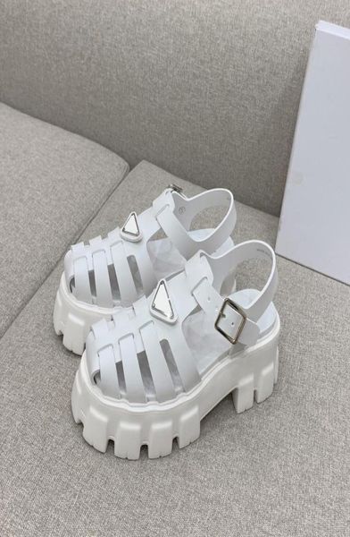 

white monolith platform gladiator rubber sandals triangle logo smooth leather shoes women luxury designer anklestrap chunky luxe 9363717, Black