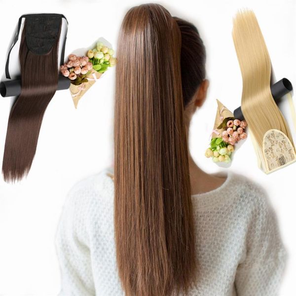 

13 colors available 20 long silky straight synthetic drawstring ponytail clip in extension style high temperatur fiber315h, Black