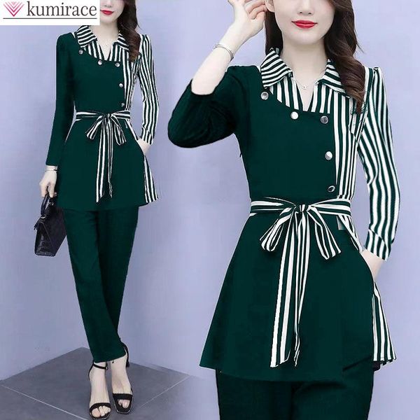 

pants summer new french elegant women's pants suit fashion stripe bow chiffon shirt trousers two piece set female blazer tracksuit, White
