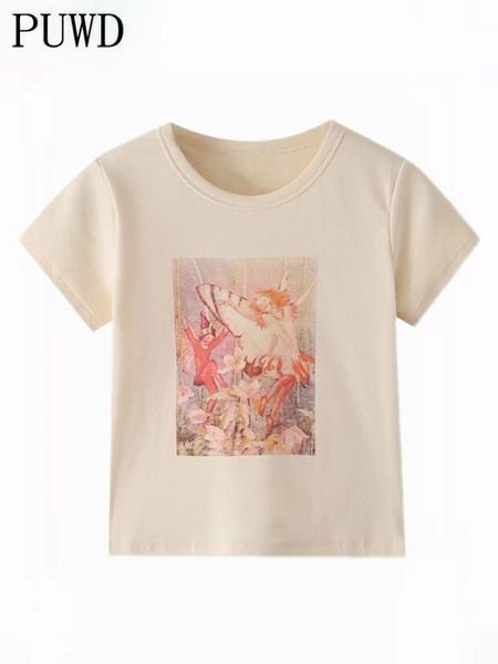 

t-shirt puwd sweet girl yellow printed tshirts 2022 summer fashion ladies short slim tees vintage women soft cotton chic girlish, White