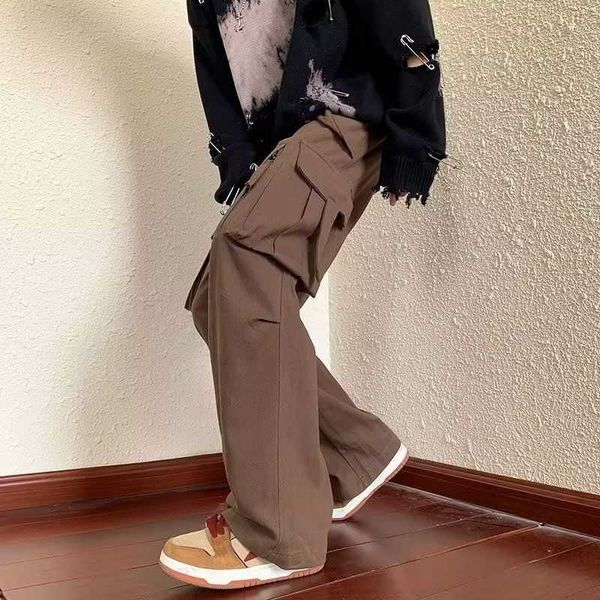 

men's pants american retro old school men pants y2k c streetwear cargo ins trendy loose wide leg straight male coffee long trousers g23, Black