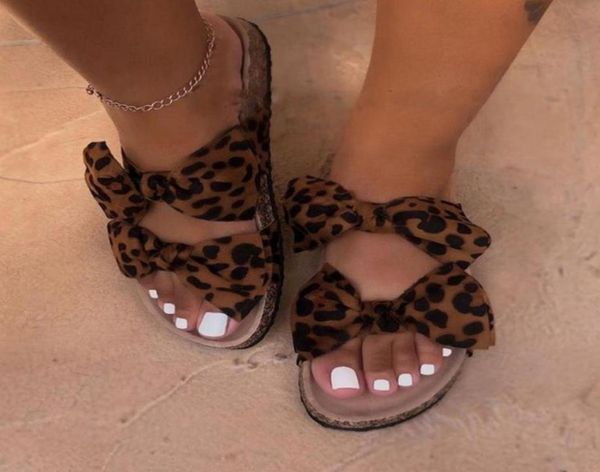 

summer woman slippers leopard bow slip on slides women sandals flat shoes linen open toe beach outdoor 20214868388, Black