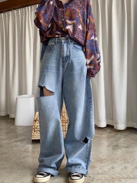

jeans qweek hollow out baggy jeans women korean streetwear wide leg denim pants kpop chic fashion high waist trousers female 2022, Blue