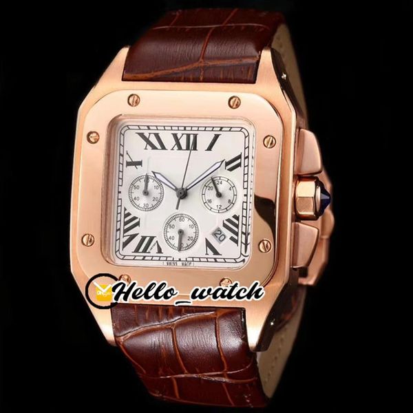 

42mm 100 w20090x8 w20091x7 watches white dial miyota quartz chronograph mens watch rose gold case satch brown leather strap hi293v, Slivery;brown