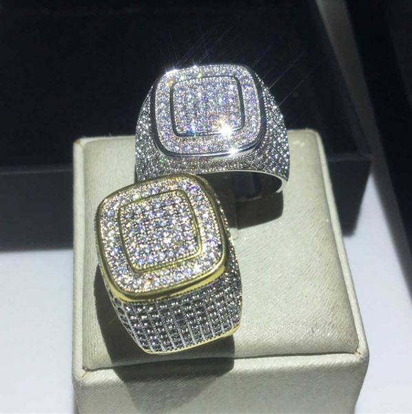 

wedding rings handmade male hiphop ring 925 sterling silver pave 5a cz stone statement wedding band rings for men fashion rock party jewelry, Slivery;golden