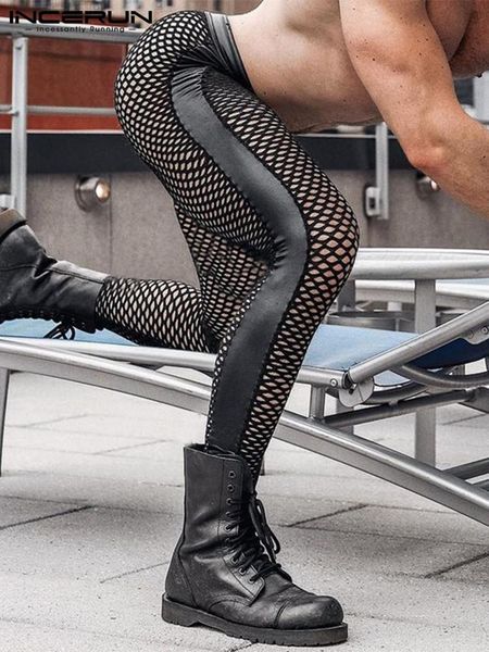 

pants fashion men pants mesh patchwork elastic waist 2022 transparent streetwear casual trousers fitness pantalon s5xl incerun, Black