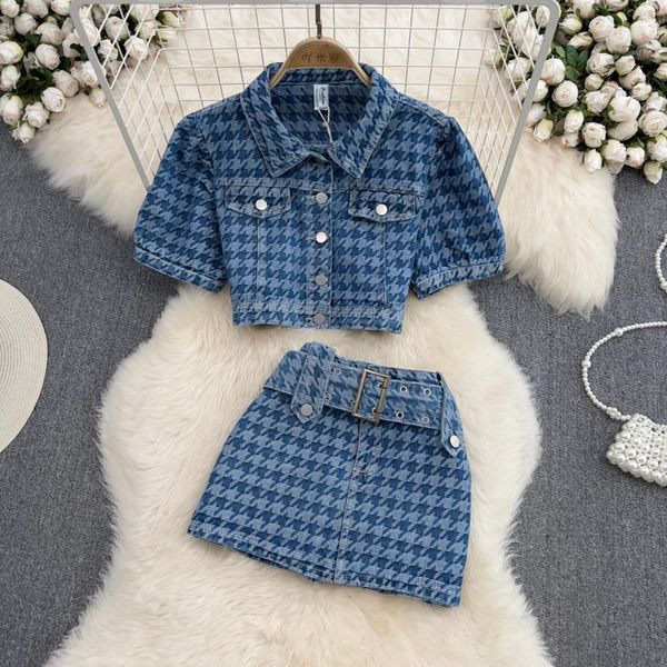 

dress prepomp 2022 summer short sleeve turn down collar blue plaid denim shirt high waist mini skirt two piece set outfits gf325, White