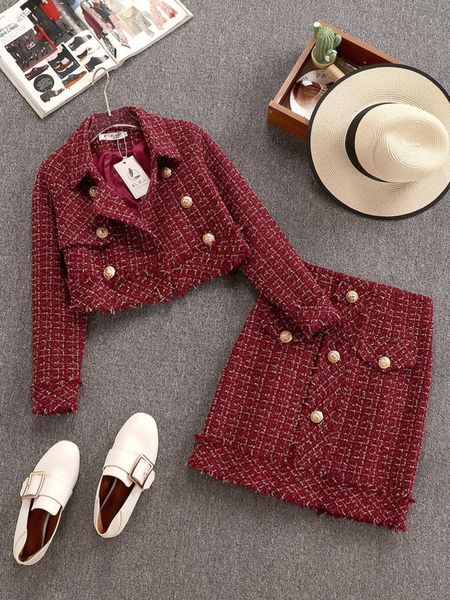 

two piece dress fall winter small fragrance vintage tweed two piece set women single-breasted woolen short jacket coat mini skirt 2 piece se, White