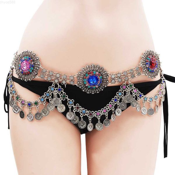 

pava bohemia layered belly dance coin waist chain artificial crystal body chain coin waist chain, Silver