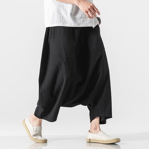 

pants men pants men's wide crotch harem pants cotton linen loose large cropped trousers widelegged bloomers 2020 korean style baggy, Black
