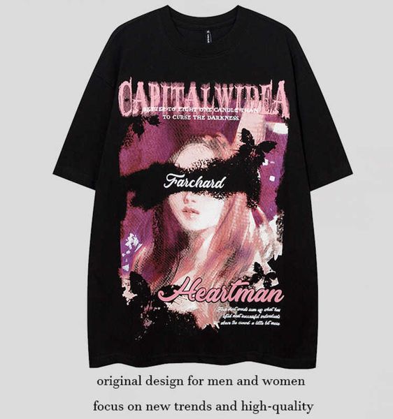 

street portrait high printed short sleeve t-shirt men's ins fashion hip hop loose couple half top, White;black