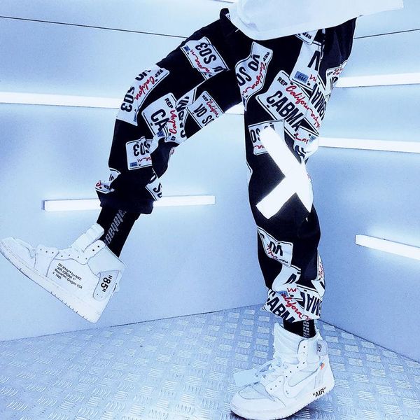 

pants cargo pants men's koreanstyle hip hop sports high waist large cropped pants loose trousers sweat pants reflective joggers print, Black