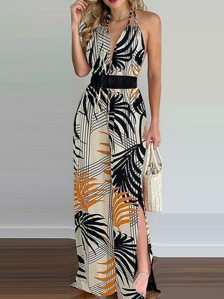 

women's jumpsuits rompers tropical print slim waist backless slit leg jumpsuits women summer rompers 230422, Black;white