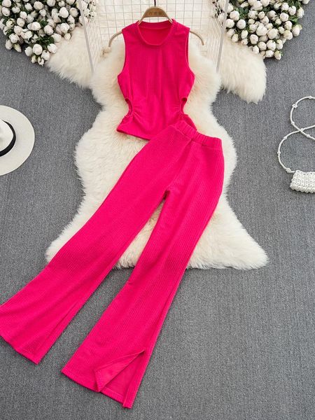 

pants summer women two pieces set oneck sleeveless hollow out slim + high waist split pants yellow/purple suits female new, White