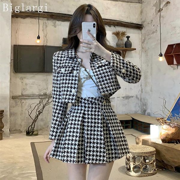 

dress 2 two piece set women plaid tweed jacket coat mini skirt ladies houndstooth jackets pleated skirts woman sets, White
