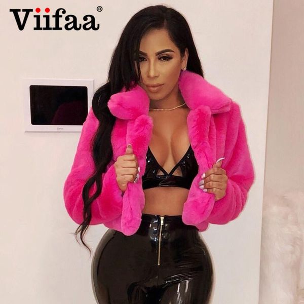 

fur viifaa rose red solid open front fuzzy crop faux fur coat women 2019 winter fashion outerwear fluffy fake fur coats jackets, Black