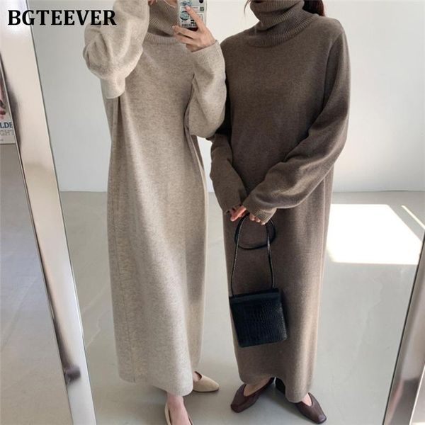 

dresses bgteever casual thicken warm women knitted dress full sleeve loose turtleneck female sweater dresses 2021 autumn winter vestidos, Black;gray
