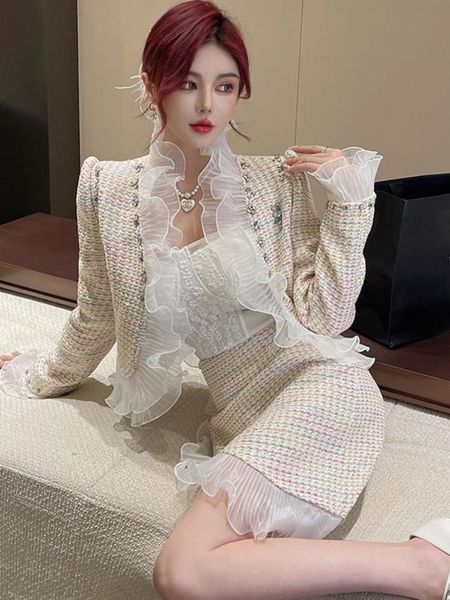 

dress luxury beading tweed two piece set women woolen short jacket coat + skirt suits fashion ruffles 2 piece outfits, White