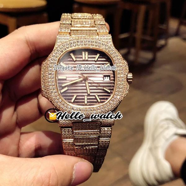 

new 5711 5711 1a brown texture dial miyota automatic mens watch rose gold fully iced out diamond bracelet sport watches hwpp hello290s, Slivery;brown