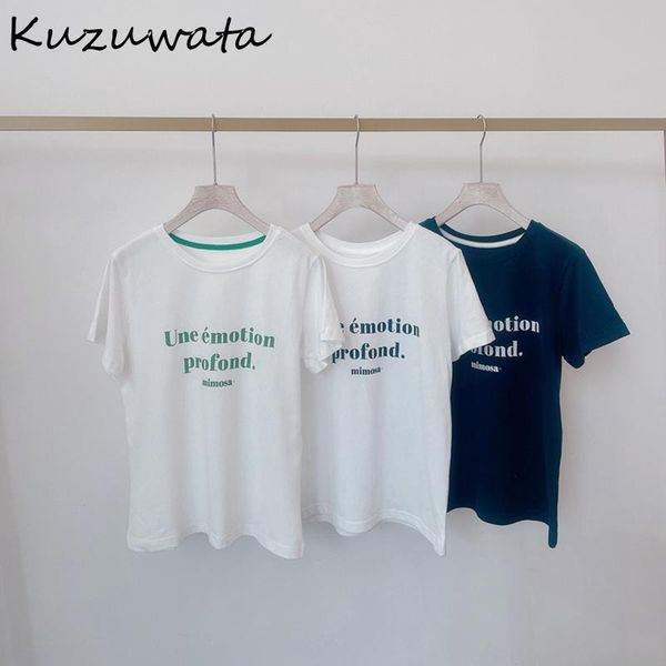 

t-shirt kuzuwata 2022 spring summer new women simple lettered casual short sleeve tshirt round neck loose straight pullover tees, White