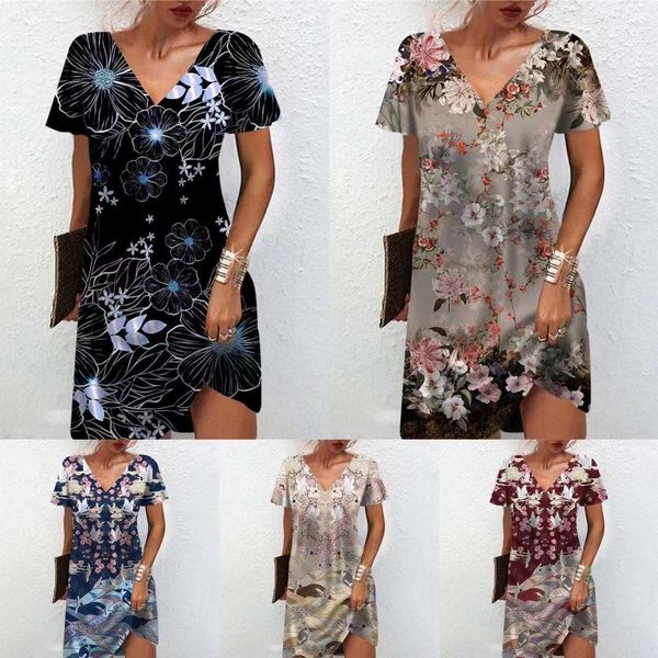 

womens clothing dresses temperament commute positioning printed v neck short, Black;gray