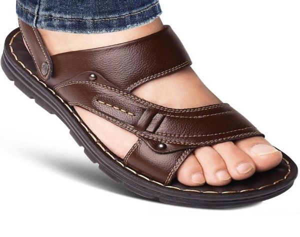 

genuine leather mens open toe slip on fashion casual shoes men slippers roman summer beach sandals plus size 3844 y2001078312266, Black