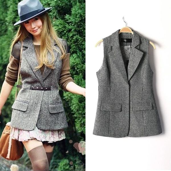 

vests women's tank slim herringbone wool suit collar vintage casual slit sleeveless jacket, Black;white