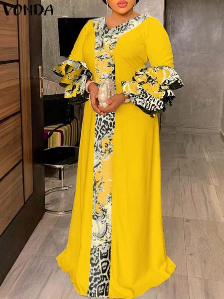 

dresses vonda women summer casual vestido 3/4 sleeve pleated ruffled party sundress loose v neck holiday printed robe vintage maxi dress, Black;gray