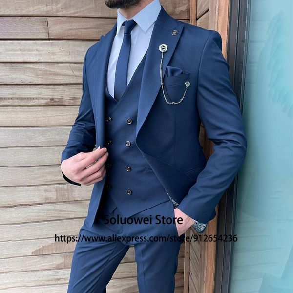 

blazers navy blue slim fit suits for mens 3 piece jacket vest pants set groom wedding peaked lapel tuxedo formal business costume homme, White;black