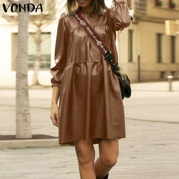 

dresses winter elegant pu leather mini dress 2022 vonda autumn elegant 3/4 sleeve women dress causal high waist pleated party vestidos, Black;gray