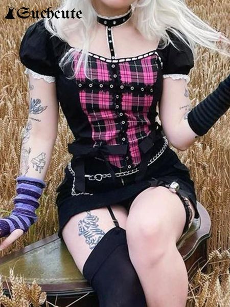 

t-shirt suchcute gothic lace patchwork women tshirts dark academic plaid print crop grunge fairycore streetwear clothes punk style, White