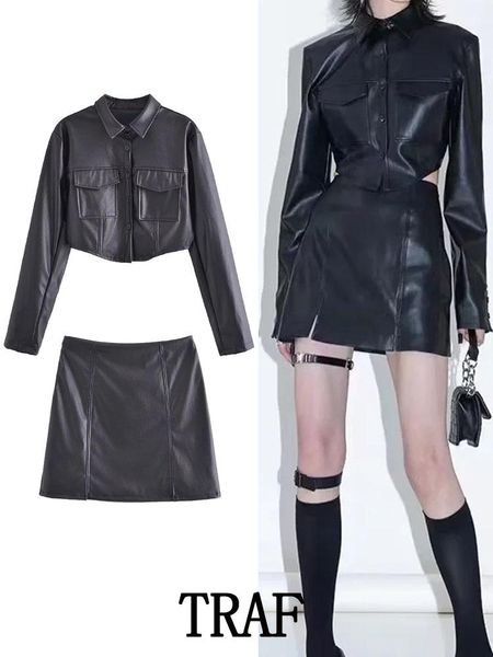 

dress traf women 2022 leather jacket for design + back pocket patchwork leather mini skirt casual retro lady chic jacket sets, White