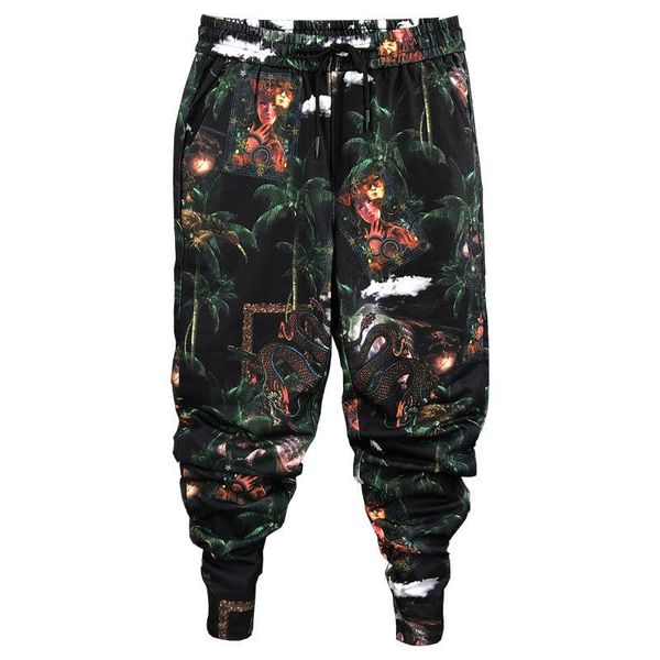 

pants idopy 2020 nowa nadrukowana moda spodnie streetwear sznurkiem spodnie z elastycznym pasem kwiatowy harem spodnie biegaczy plus roz, Black