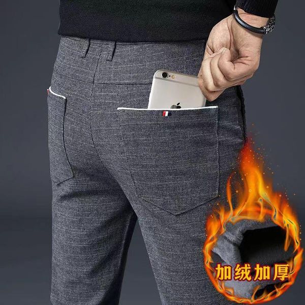 

pants 2022 winter men's plaid thicken pants male four seasons business trousers men's clothing straight casual harem pants size 38, Black