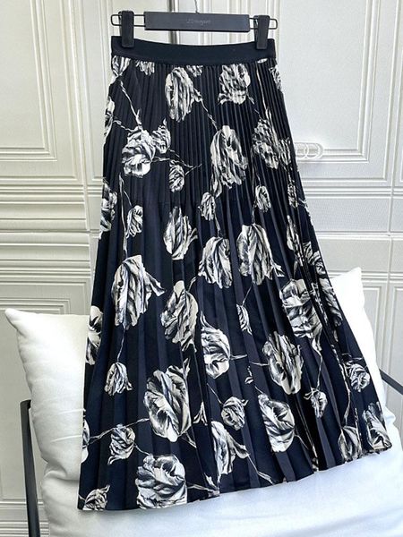 

dresses surmiitro midi long pleated skirt women 2022 winter korean fashion elegant black floral print a line high waist skirt female, White;black