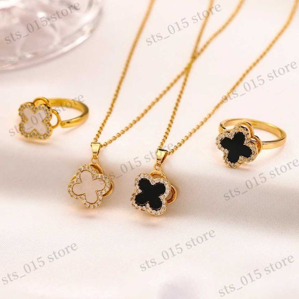 

bracelet earrings necklace four leaf grass necklace ring set fritillaria acrylic patch set with zircon rotable neckchain ring combination t2, Black