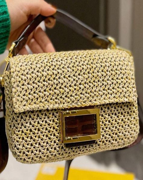 

straw bag baguette handbag weave crossbody bags luxury women flap wallet two genuine leather shoulders strap interior zipper pocke4248380