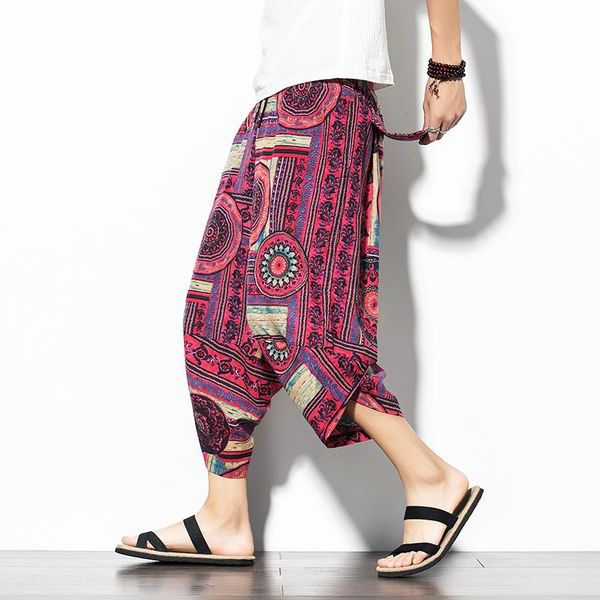 

pants men summer wide leg pants man casual calflength pants 2020 streetwear cotton printed male baggy harem pants 5xl dropshipping, Black