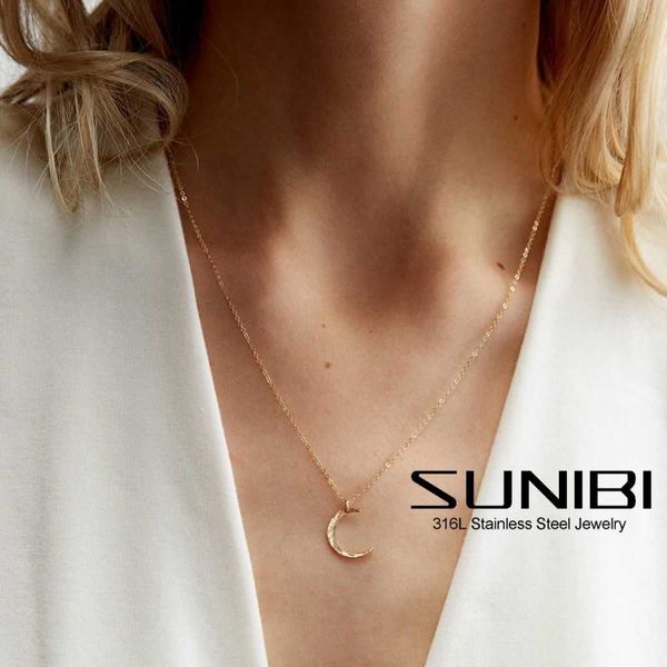 

pendant necklaces sunibi trendy dainty moon pendant necklace women 316l stainless streel charm chain necklace fashion jewelry gifts for girl, Silver